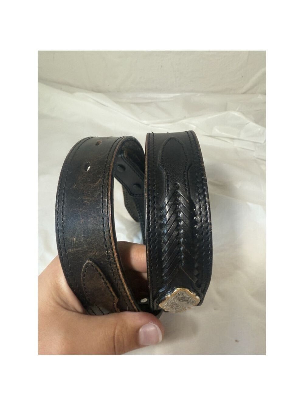 Double J Saddlery Belt Leather Western Belt Size 34 Silver gold trim